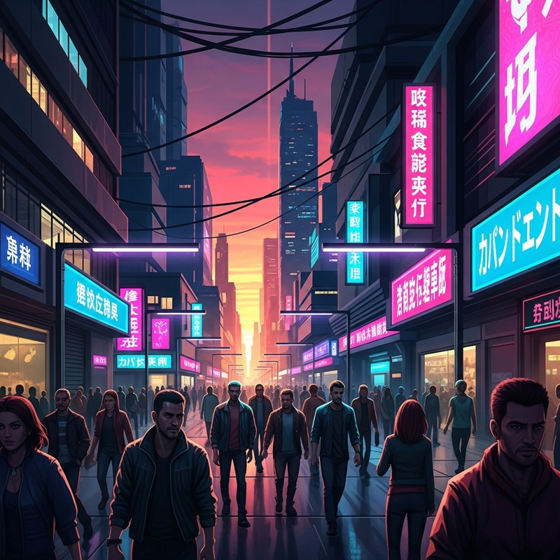 Neon Cyberpunk Cityscape at Sunset | Vibrant Colors & Glowing Effects Neon Cyberpunk Cityscape at Sunset | Vibrant Colors & Glowing Effects