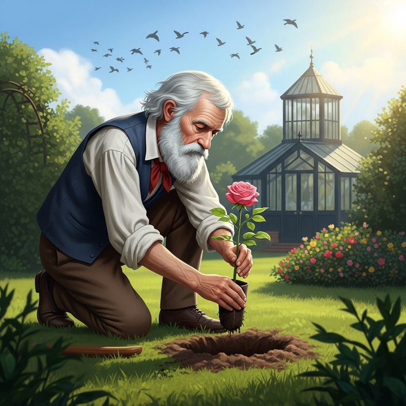 Charles Darwin Planting Rose in Historic English Garden Charles Darwin Planting Rose in Historic English Garden