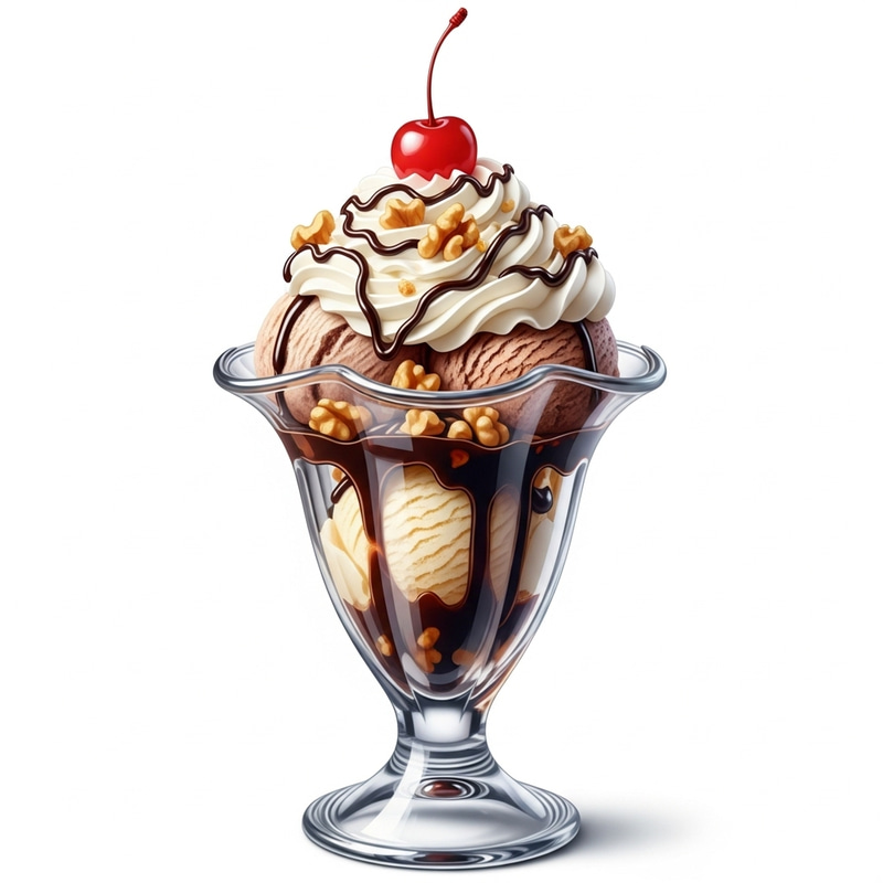 Delicious Ice Cream Sundae with Whipped Cream and Walnuts