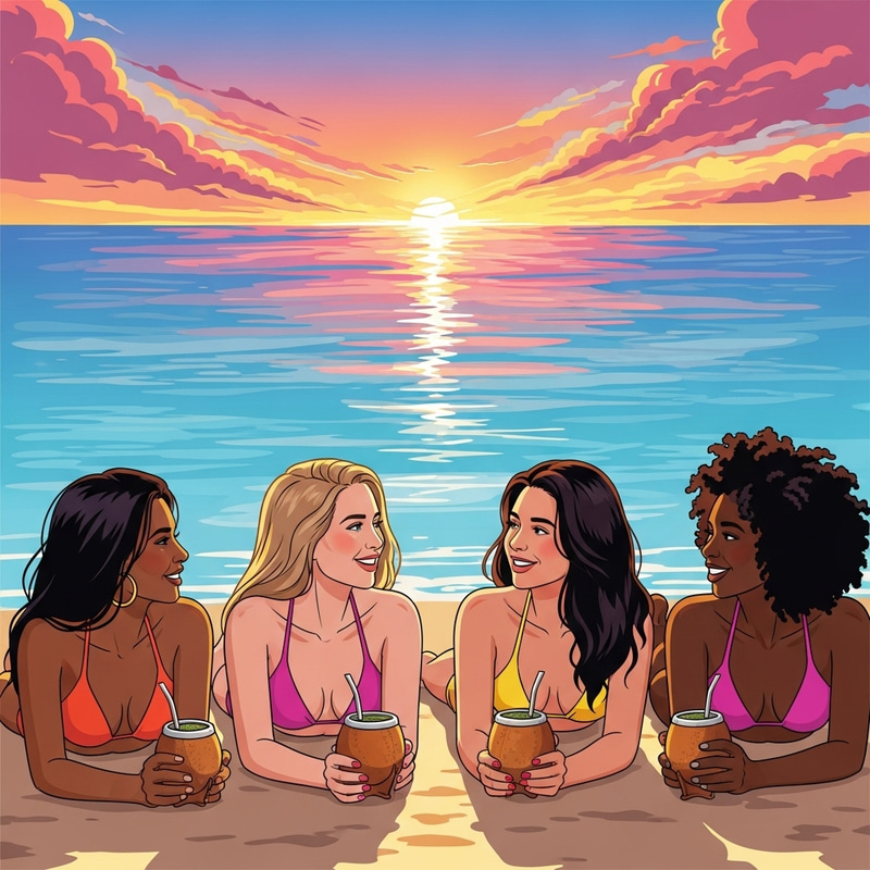 Stylish Women in Bikini Sipping Yerba Mate on Beach Stylish Women in Bikini Sipping Yerba Mate on Beach