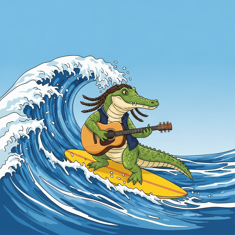 Crocodile with Braids Playing Guitar on Surfing Wave