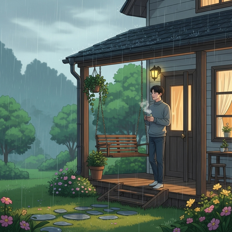 Romantic Rainy Scene: Asian Man in Country House