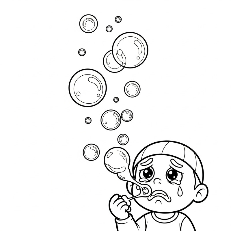 Sad Child Blowing Bubbles | Black and White Coloring Page Sad Child Blowing Bubbles | Black and White Coloring Page