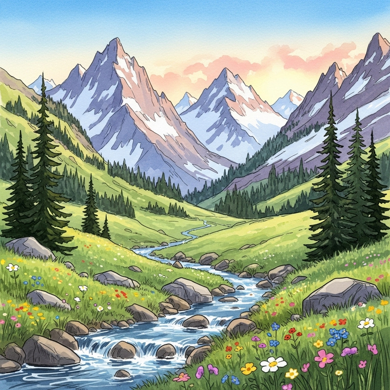 Tranquil Mountain Landscape Watercolor Painting Tranquil Mountain Landscape Watercolor Painting