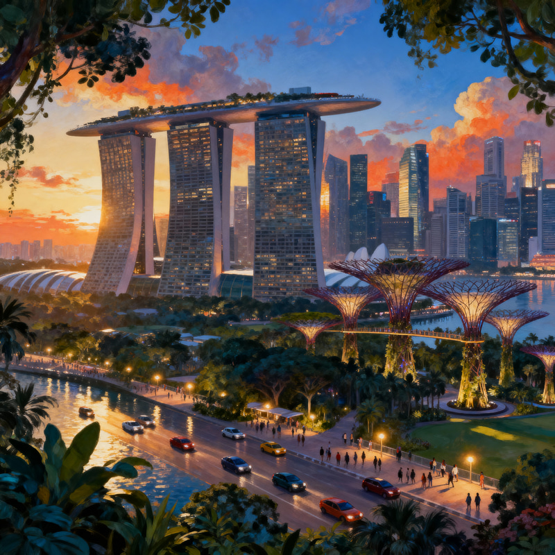 Singapore Skyline at Dusk: Aerial View of Marina Bay
