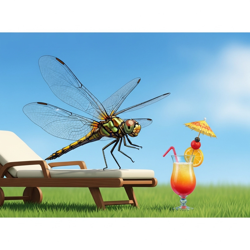 Dragonfly Relaxing on Sun Lounger with Cocktail Dragonfly Relaxing on Sun Lounger with Cocktail