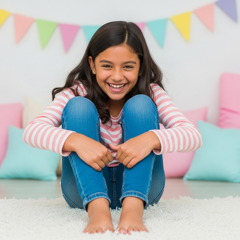 Playful 13-Year-Old Girl Giggling While Tickled on Soft Rug