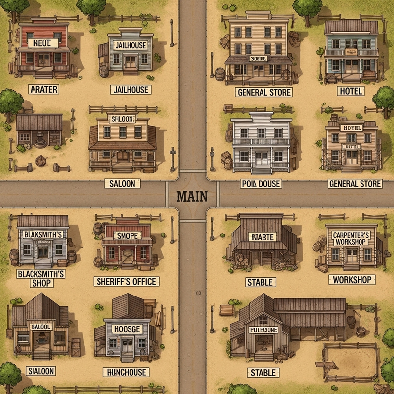 Detailed Wild West Town Map with 8 Buildings