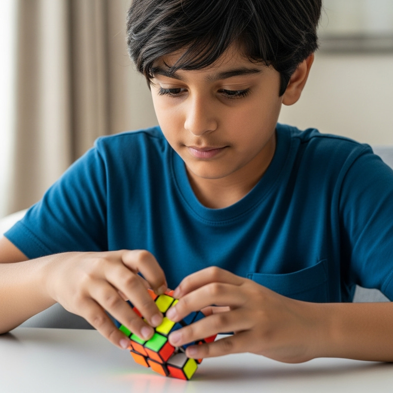 Arabian Boy Solving Rubik's Cube Puzzle with Concentration Arabian Boy Solving Rubik's Cube Puzzle with Concentration