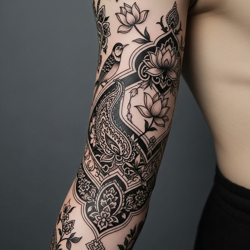 Persian Traditional Tattoo - Intricate Design with Floral & Geometric Motifs
