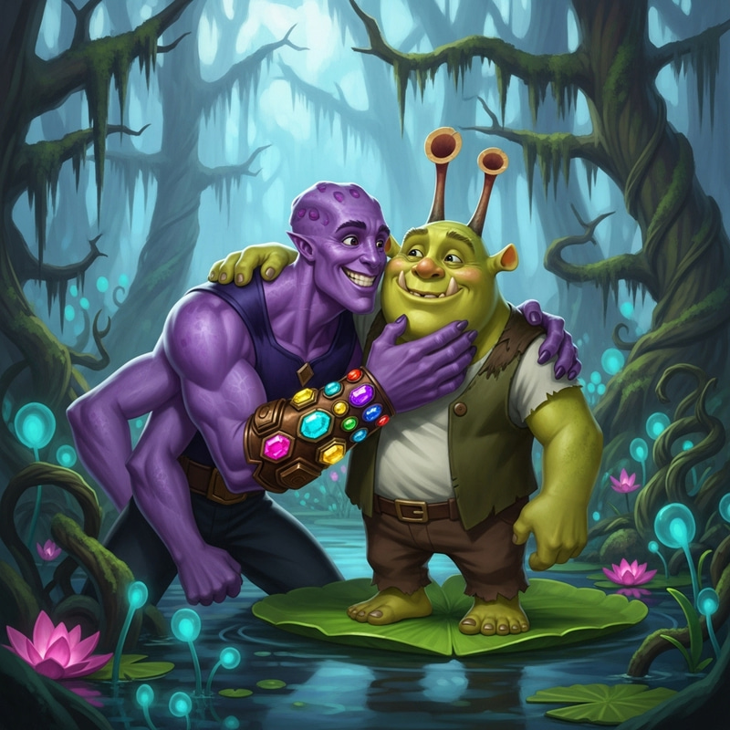 Thanos Kissing Shrek: A Surreal Fantasy Moment Thanos Kissing Shrek: A Surreal Fantasy Moment