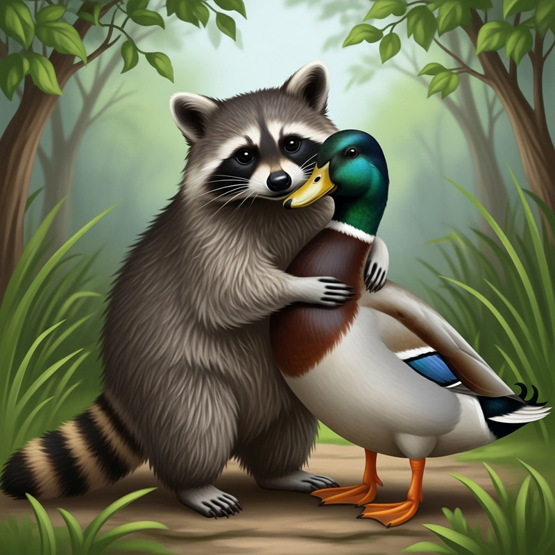 Raccoon and Duck Cuddle Up in Harmony Raccoon and Duck Cuddle Up in Harmony