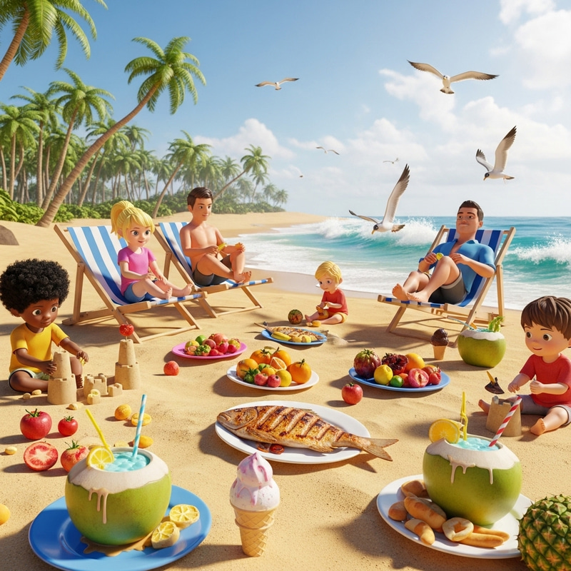 Beach Food Delights: Grilled Fish, Fruits, and Fun Activities