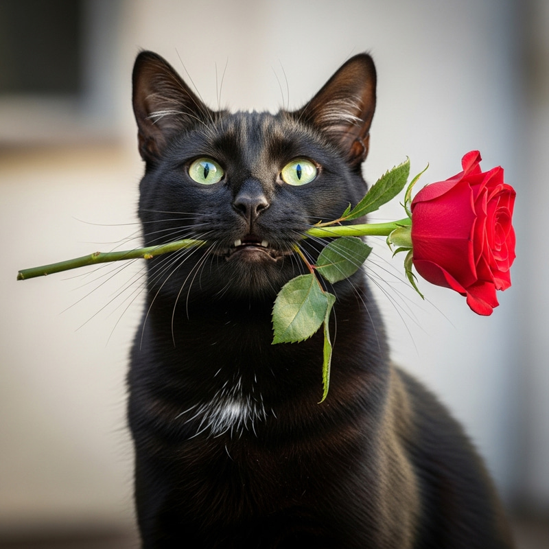 Black Cat with Red Rose - Stunning Picture Black Cat with Red Rose - Stunning Picture