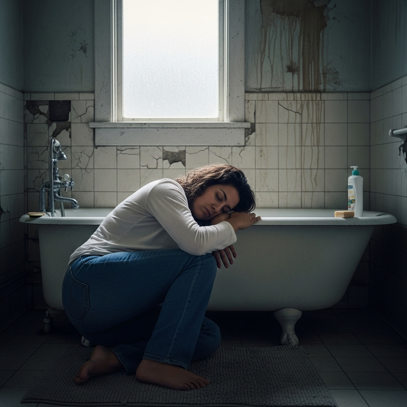 Woman Sleeping in Bathroom Woman Sleeping in Bathroom