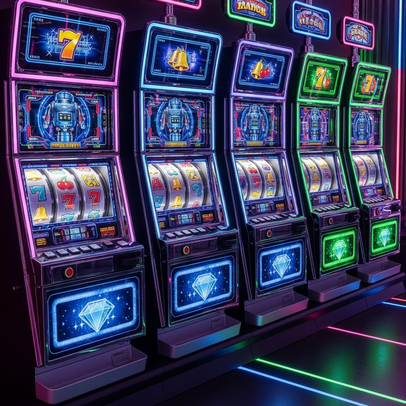 Retro Futuristic Slot Machines | Metallic Robots & Neon Lights