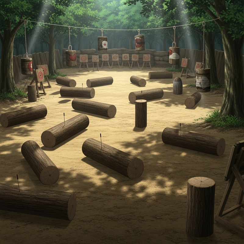 Anime-Inspired Outdoor Training Field with Log Targets Anime-Inspired Outdoor Training Field with Log Targets