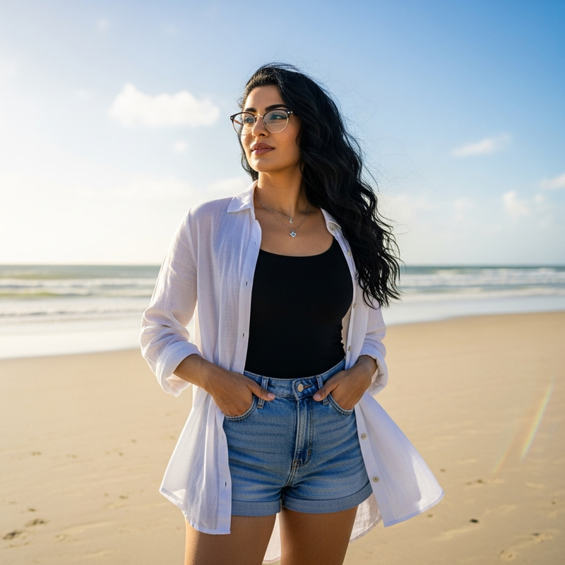 Middle Eastern Woman on Sunny Beach | Confidently Styled in Casual Attire Middle Eastern Woman on Sunny Beach | Confidently Styled in Casual Attire