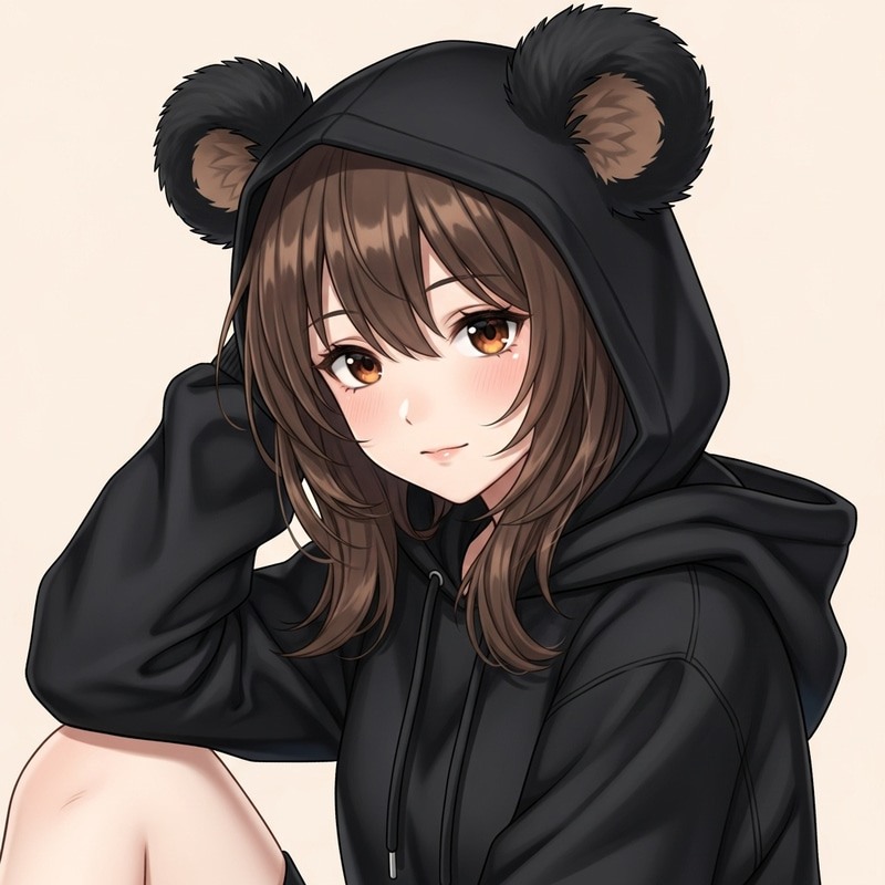 Adorable Girl with Black Bear Ears in Stylish Black Hoodie Adorable Girl with Black Bear Ears in Stylish Black Hoodie