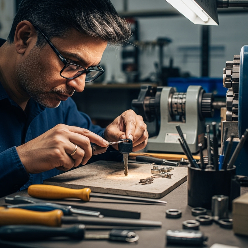 Expert Locksmith Crafting Car Key with Precision Expert Locksmith Crafting Car Key with Precision