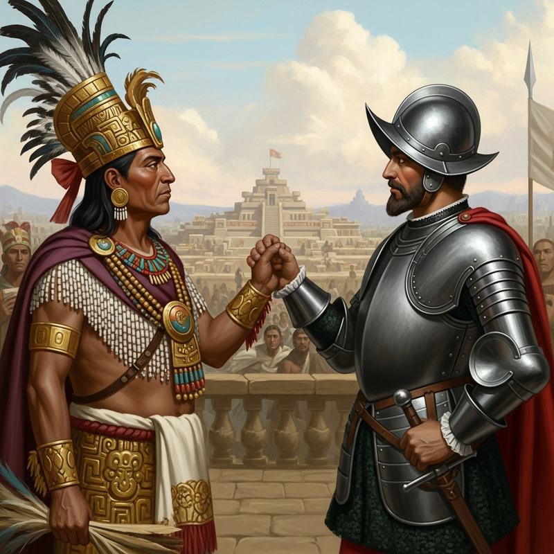 Tlatoani Moctezuma Facing Hernán Cortés: Momentous Encounter
