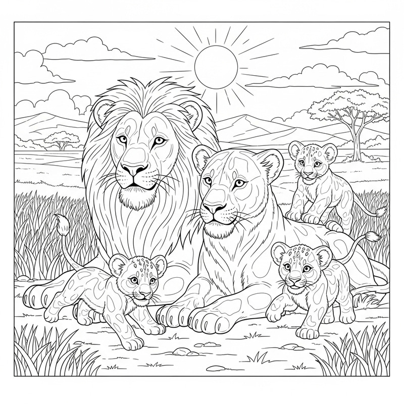 Lion and Family Coloring Page - Beautiful Scene for Kids Lion and Family Coloring Page - Beautiful Scene for Kids