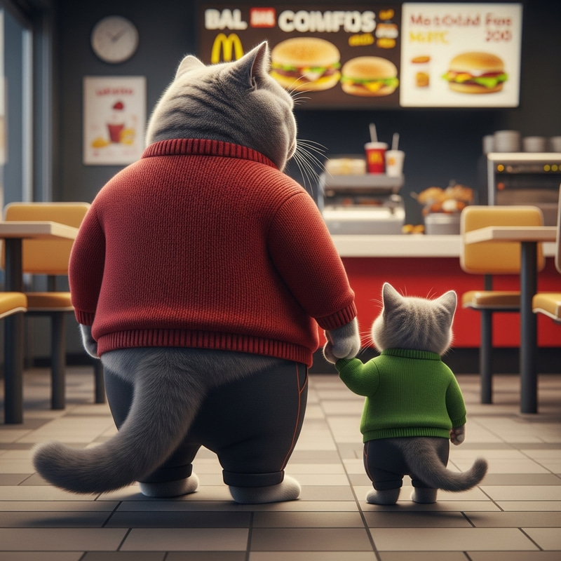 Chubby Grey British Cat and Kitten in Sweaters at Fast-Food Restaurant Chubby Grey British Cat and Kitten in Sweaters at Fast-Food Restaurant