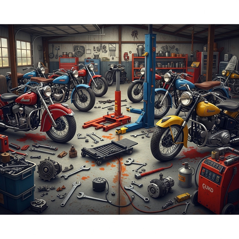 Vintage Motorcycles & Tools: Gritty Scene | Wide-Angle Painting Vintage Motorcycles & Tools: Gritty Scene | Wide-Angle Painting