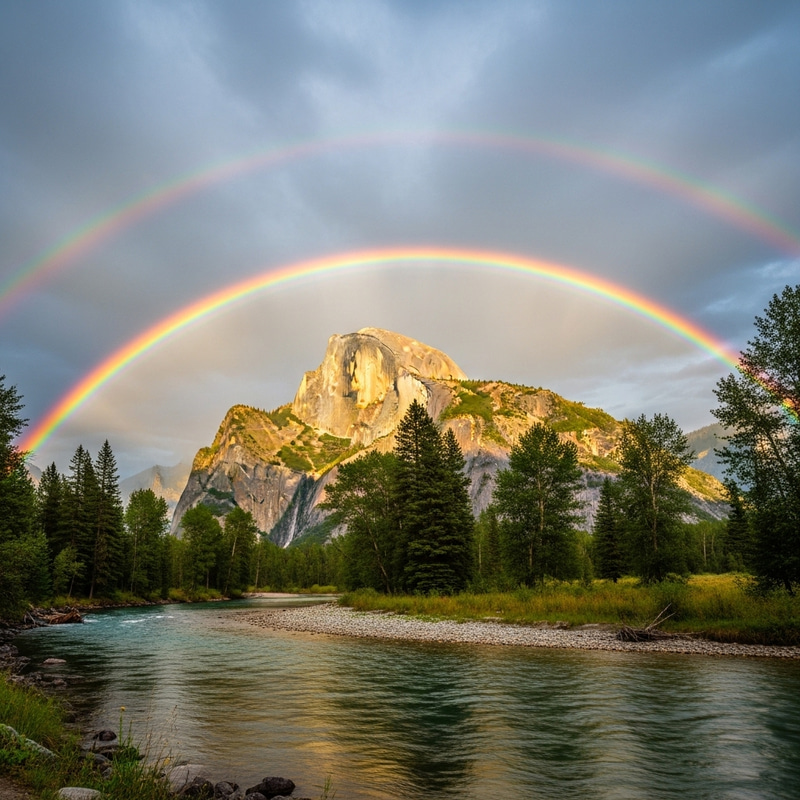 Beautiful Mountain with Rainbow and Riverfront