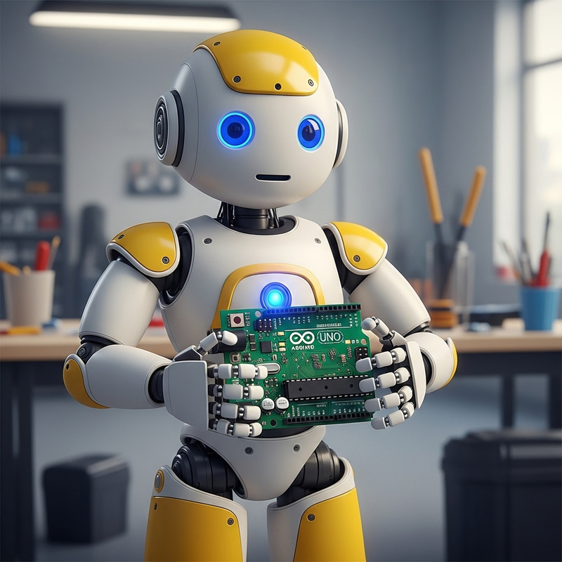 Full-Bodied Child-Like Robot Holding Arduino Board in White, Yellow, Blue Colors Full-Bodied Child-Like Robot Holding Arduino Board in White, Yellow, Blue Colors