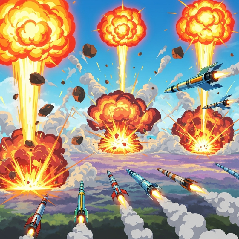 Intense Explosions and Rockets in Vibrant Cartoon Scene Intense Explosions and Rockets in Vibrant Cartoon Scene