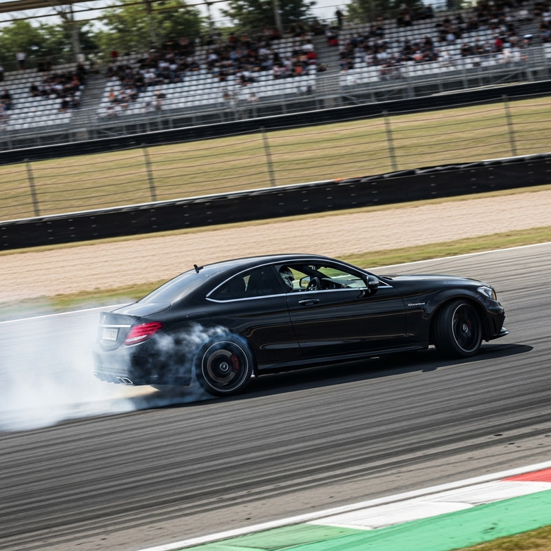 Black Mercedes-Benz C63 AMG Drifting around Sharp Corner on Racetrack Black Mercedes-Benz C63 AMG Drifting around Sharp Corner on Racetrack