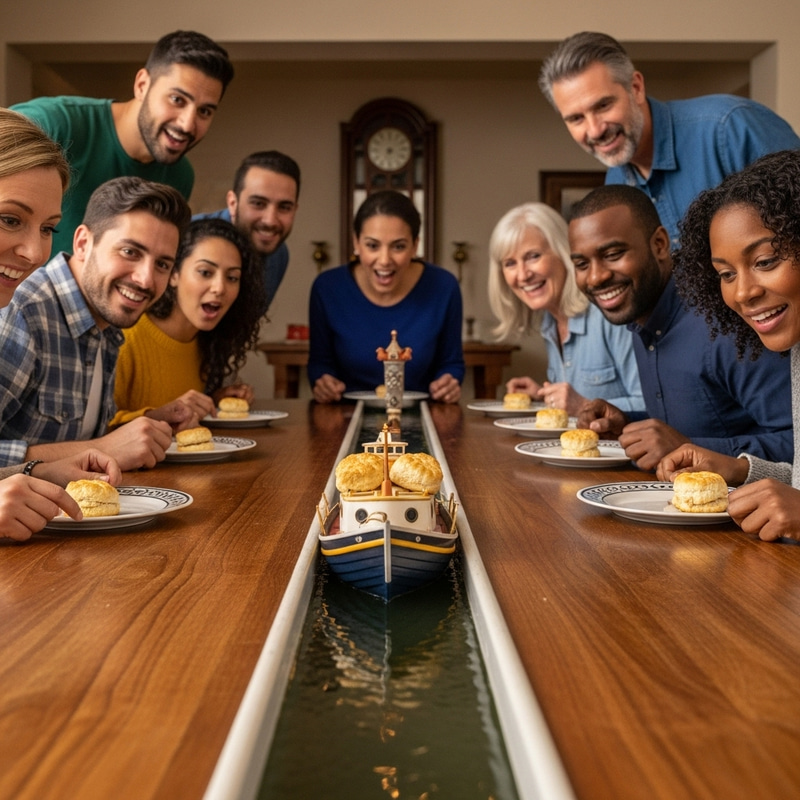 Anticipation of Biscuit Delivery by Charming Small Bumboat | Rustic Dining Setting