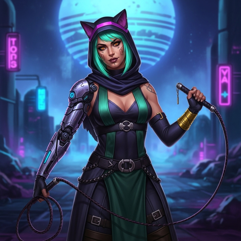Futuristic Cat Lady with Cybernetic Arm in Neo Aesthetic Futuristic Cat Lady with Cybernetic Arm in Neo Aesthetic