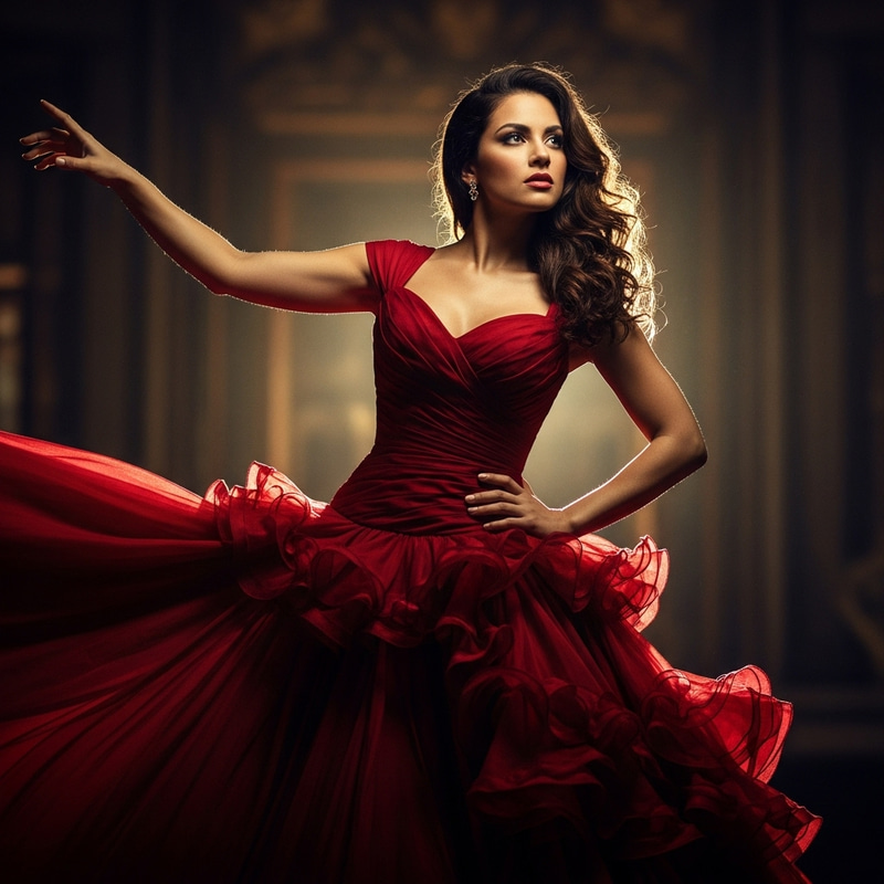 Mujer morena clara in Red Dress | Cinematic Pose