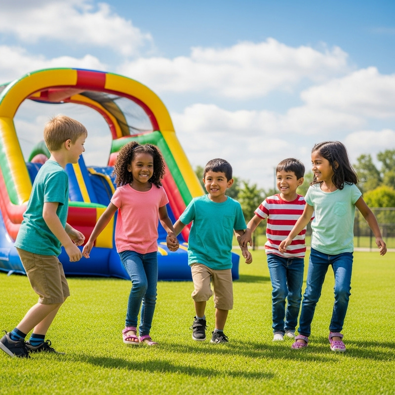 Enthusiastic Kids Playing in Front of Colorful Jumper Enthusiastic Kids Playing in Front of Colorful Jumper