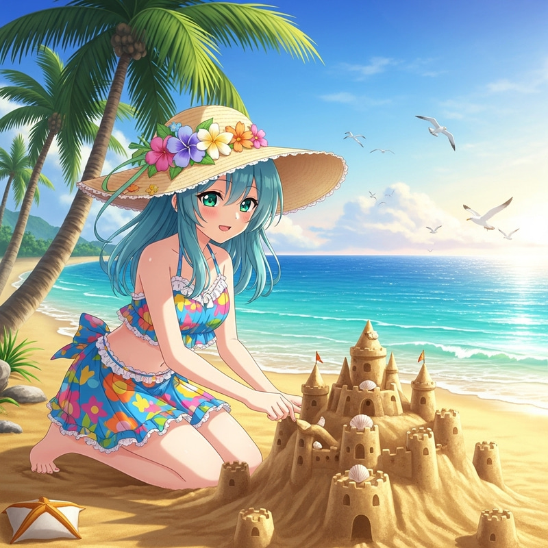 Anime Girl Building Sand Castle on Colorful Tropical Beach Anime Girl Building Sand Castle on Colorful Tropical Beach