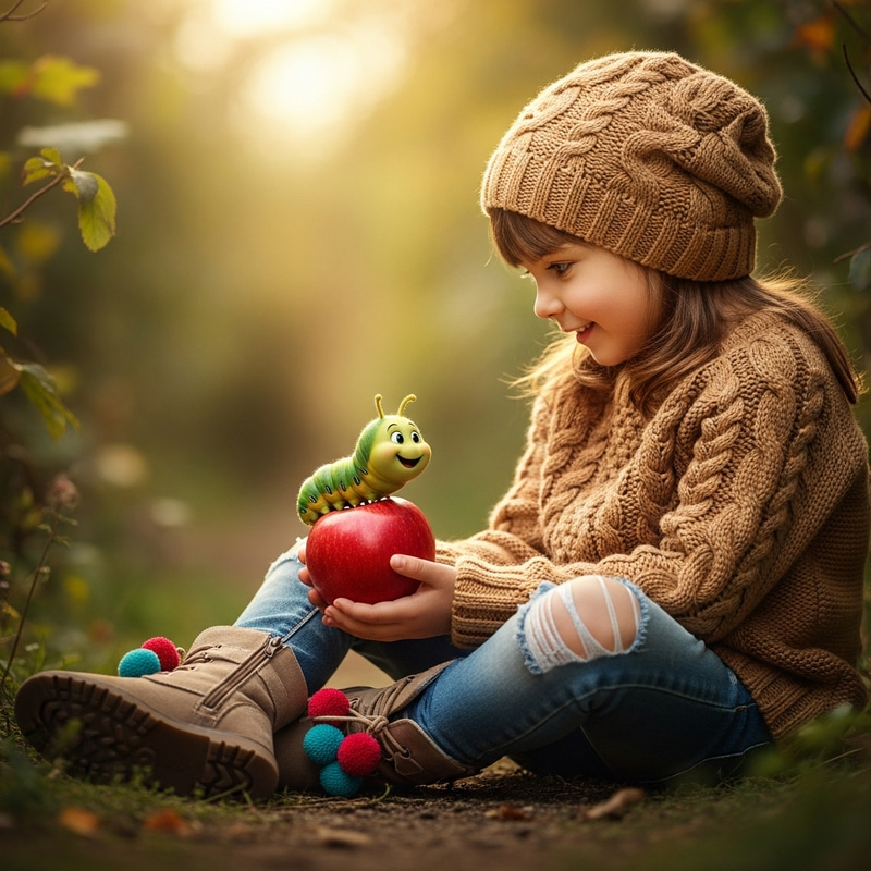Cute Girl and Happy Caterpillar: A Sweet Moment Cute Girl and Happy Caterpillar: A Sweet Moment