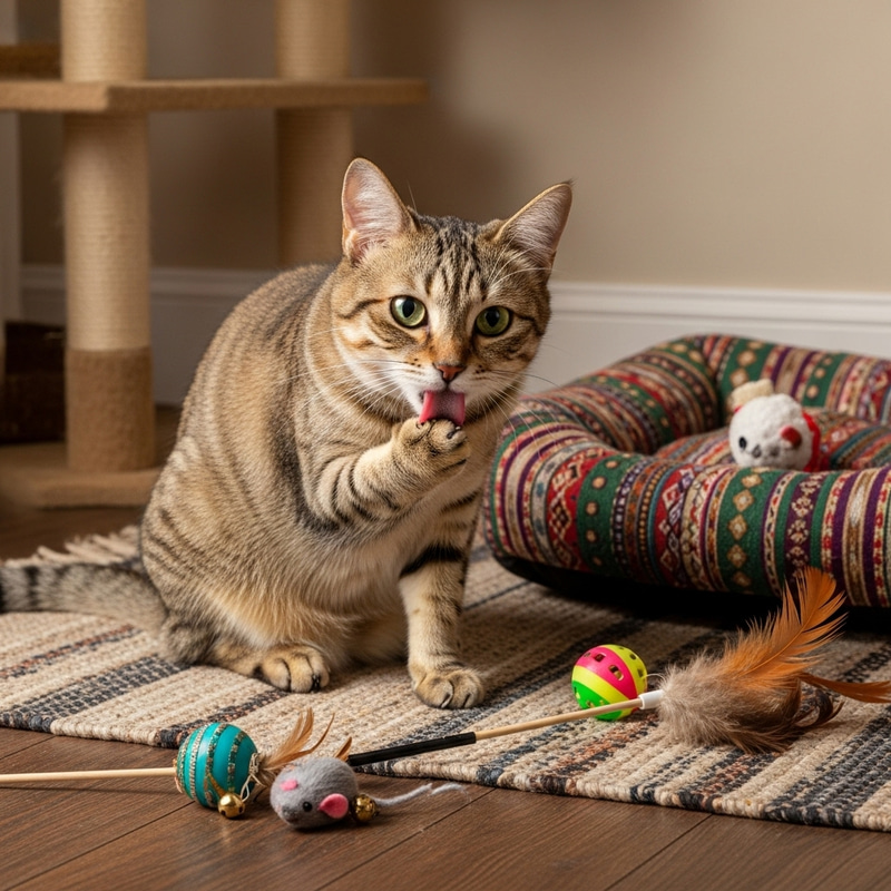 Lovable Anime Cat on Rustic Rug with Playful Toys