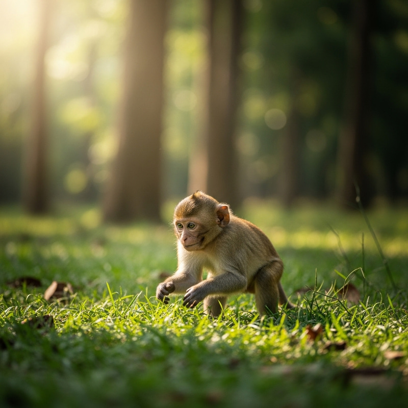 Monkey Touching Grass in South Asian Forest