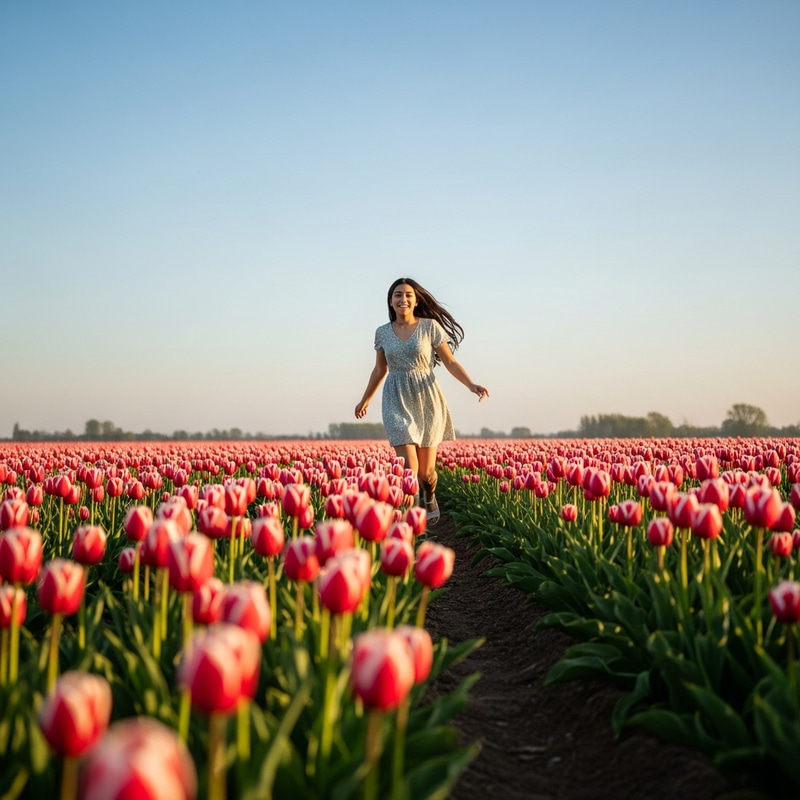 Smiling Teenage Girl Running in Tulip Field Smiling Teenage Girl Running in Tulip Field