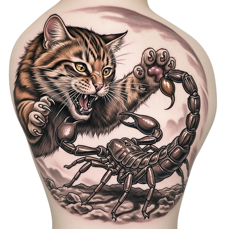 Cat Fighting Scorpion Tattoo Design Cat Fighting Scorpion Tattoo Design