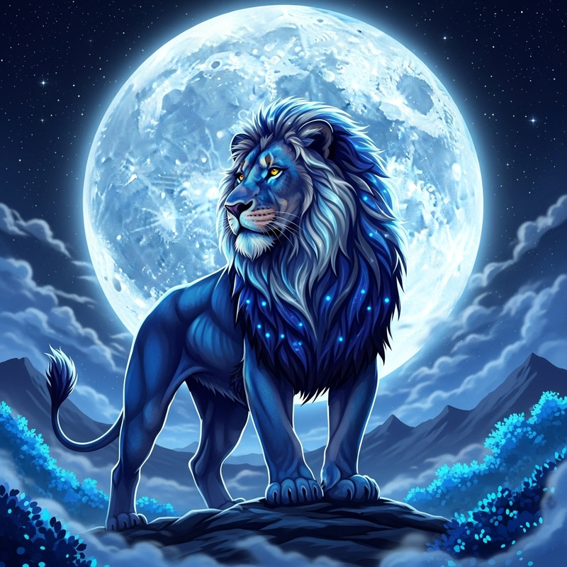 Blue Lion Under Full Moon | Majestic Lunar Dreamscape Blue Lion Under Full Moon | Majestic Lunar Dreamscape