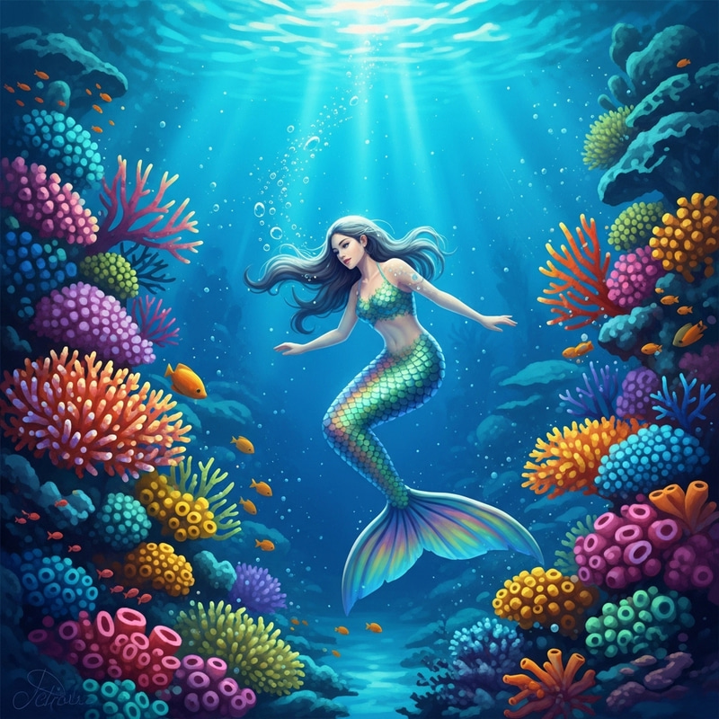 Ethereal Mermaid Among Vibrant Coral Reefs in Ocean Depths