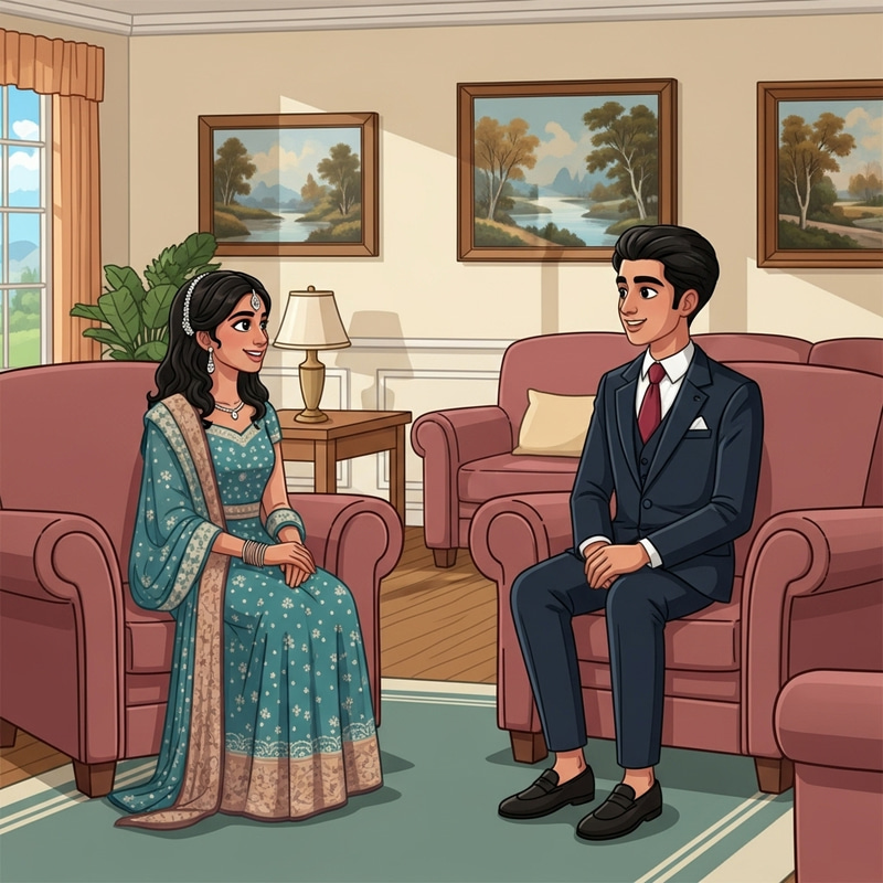 Ayesha and Shahzad in a Serene Guest Room Conversation Ayesha and Shahzad in a Serene Guest Room Conversation