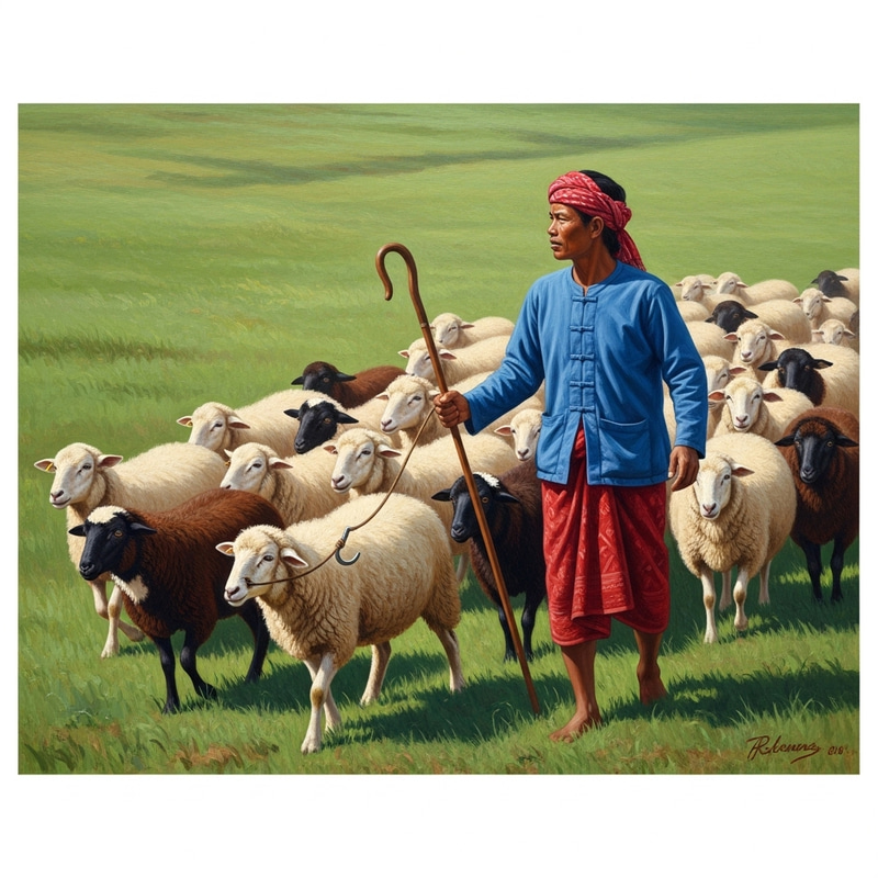 Shepherd Guiding Flock | Symbolism of Unity in Lush Meadow Shepherd Guiding Flock | Symbolism of Unity in Lush Meadow
