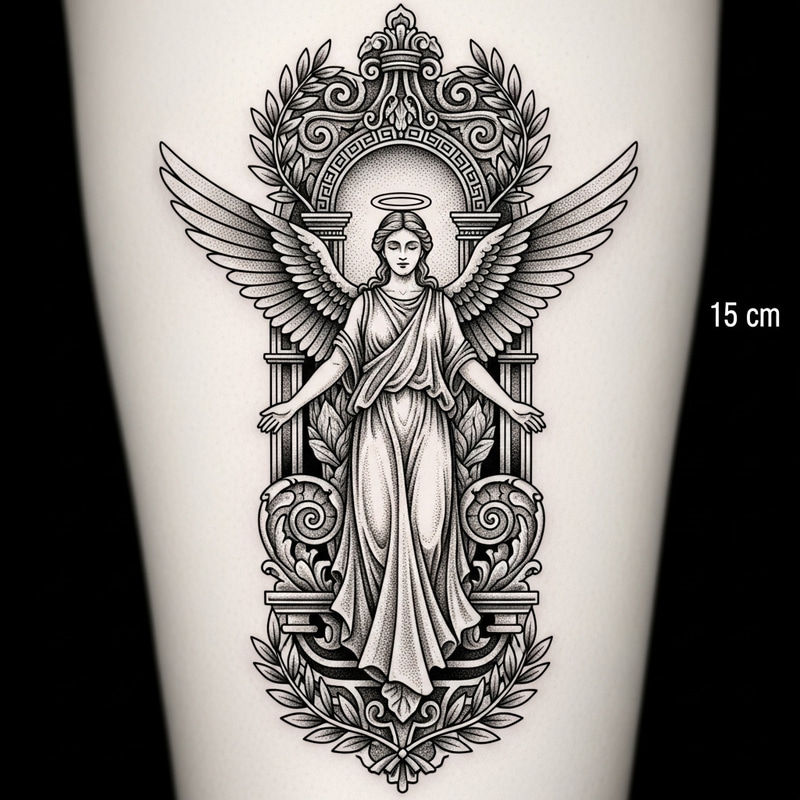 Detailed Greek Style Angel Tattoo in Pointillism | Purity Embodying Design Detailed Greek Style Angel Tattoo in Pointillism | Purity Embodying Design