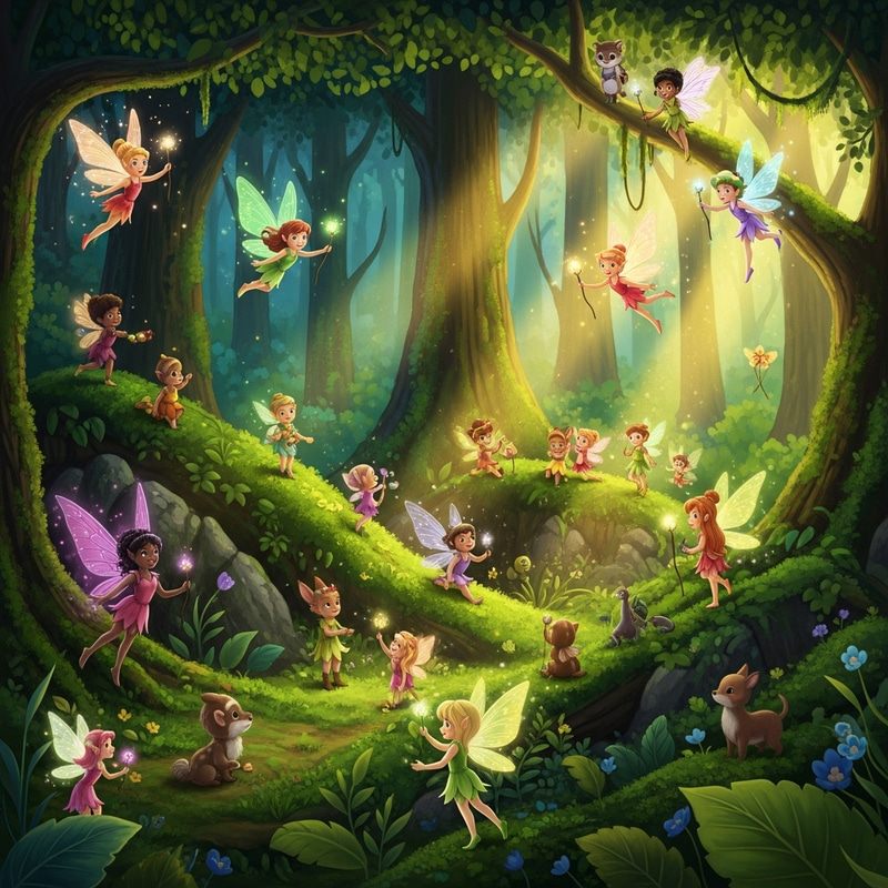 Whimsical Fantasy Creatures and Fairies Playing in Colorful Wooded Forest