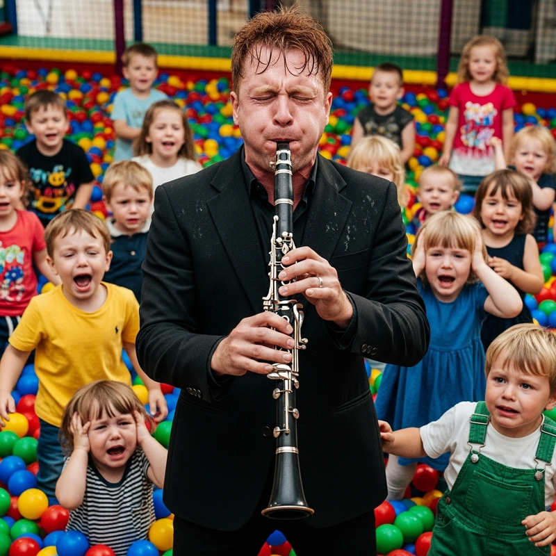 Passionate Red-Haired Man Playing Clarinet in a Ball Pit