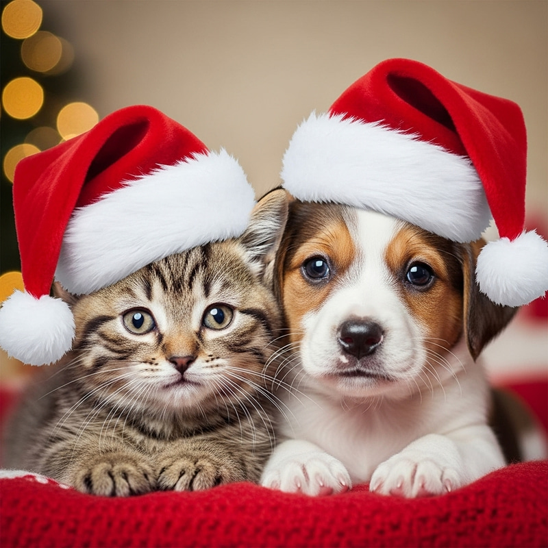 Tender Kitten and Puppy in Christmas Hats | Cheerful Holiday Photo Tender Kitten and Puppy in Christmas Hats | Cheerful Holiday Photo